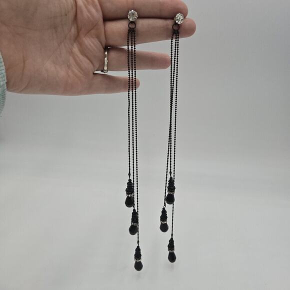 Vintage Extra Long 10" Crystal Black Glass Bead Dangle Pierced Earrings Unique - Picture 1 of 5